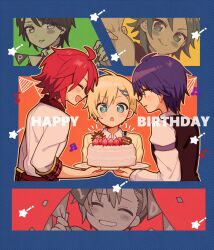 Rule 34 | 3boys, 5.5, :o, ^ ^, birthday cake, black vest, blonde hair, blue background, blue eyes, cake, closed eyes, commentary request, confetti, facing viewer, fang, food, fruit, happy, happy birthday, holding, holding plate, idol time pripara, long sleeves, male focus, mitaka asahi, multiple boys, multiple views, musical note, open mouth, plate, pretty series, pripara, purple hair, red hair, shirt, short hair, smile, sparkling eyes, star (symbol), strawberry, string of flags, takase koyoi, vest, white shirt, yellow eyes, yumekawa shogo
