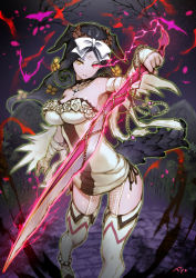 Rule 34 | 1girl, bandages, bare shoulders, black hair, boots, bow, breasts, cleavage, dress, fangs, flower, glowing, glowing eye, hair flower, hair ornament, hair ribbon, head wreath, heterochromia, long hair, looking at viewer, neo-masterpeacer, original, pale skin, ribbon, solo, standing, strapless, strapless dress, sword, tail, thigh boots, thighhighs, tombstone, weapon, wings