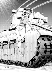 Rule 34 | 1girl, ass, barefoot, butt crack, cecilia glinda miles, contrail, dan kanemitsu, greyscale, hat, highres, military hat, military uniform, military vehicle, monochrome, motor vehicle, outdoors, panties, sky, tank, underwear, uniform, witches of africa, world witches series