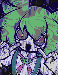 Rule 34 | 1girl, 9chrono0, abstract background, absurdres, blue background, brooch, commentary request, distortion, fangs, fingers to cheeks, glitch, green hair, hands up, head tilt, highres, jewelry, looking at viewer, neck ribbon, nervous smile, nervous sweating, puffy short sleeves, puffy sleeves, ribbon, shirt, short sleeves, slit pupils, smile, solo, suspenders, sweat, tearing up, upper body, voicevox, wide-eyed, zundamon