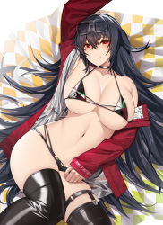 Rule 34 | 1girl, absurdres, azur lane, bikini, black bikini, black choker, black hair, black thighhighs, blush, breasts, choker, cleavage, eyewear on head, has bad revision, has downscaled revision, highleg, highleg bikini, highres, jacket, large breasts, long hair, long sleeves, looking at viewer, md5 mismatch, multi-strapped bikini bottom, multi-strapped bikini top, navel, official alternate costume, one side up, open clothes, open jacket, red eyes, red jacket, resolution mismatch, siu (siu0207), source smaller, sunglasses, swimsuit, taihou (azur lane), taihou (enraptured companion) (azur lane), thigh strap, thighhighs
