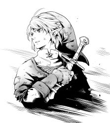 Rule 34 | 1boy, absurdres, collar, commentary, dante07180, fingerless gloves, gloves, greyscale, hat, highres, holding, holding sword, holding weapon, link, looking at viewer, looking to the side, male focus, medium hair, monochrome, nintendo, parted lips, pointy ears, sidelocks, simple background, solo, sword, the legend of zelda, the legend of zelda: twilight princess, weapon, white background