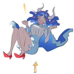 Rule 34 | !, 1girl, ahoge, arrow (symbol), blue cape, blue hair, blue skirt, cape, covered mouth, curled horns, dinosaur girl, falling, hands up, high heels, horns, long hair, looking at viewer, mask, midair, mouth mask, multicolored hair, one piece, pink eyes, pink hair, pink mask, raine (acke2445), red footwear, shirt, simple background, skirt, solo, streaked hair, ulti (one piece), white background, white shirt