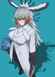 Rule 34 | 1girl, a888 n22, aqua background, arm at side, bird girl, bird tail, bird wings, black pants, blonde hair, book, breasts, buttons, closed mouth, coat, collared coat, frilled sleeves, frills, glasses, gloves, grey hair, hair between eyes, head wings, highres, holding, holding book, holding quill, kemono friends, large breasts, legs apart, long hair, long sleeves, multicolored hair, pants, quill, red hair, secretarybird (kemono friends), semi-rimless eyewear, shoes, simple background, smile, solo, standing, tail, under-rim eyewear, very long hair, white coat, white hair, wing collar, wings, yellow eyes