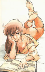 Rule 34 | 1980s (style), 1girl, ass, barefoot, bed, book, breasts, brown eyes, brown hair, cleavage, downblouse, earrings, feet, gall force, head rest, jewelry, legs up, long hair, lowres, lying, medium breasts, no bra, oldschool, on stomach, open book, orange pants, pants, rabby, reading, retro artstyle, simple background, smile, soles, solo, sonoda ken&#039;ichi, stirrup legwear, the pose, toeless legwear, white background