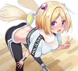 Rule 34 | 1girl, @-you (you 2023 8 16), aki rosenthal, black pants, blonde hair, breasts, character name, crop top, crop top overhang, cropped shirt, detached hair, highres, hololive, hololive dance practice uniform, long hair, looking at viewer, medium breasts, midriff, official alternate costume, pants, purple eyes, solo, twintails, virtual youtuber, workout clothes, yoga pants