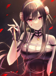 Rule 34 | 1girl, absurdres, black dress, black hair, blood, blood on face, bloody weapon, breasts, dagger, dress, earrings, flower, gold earrings, gold hairband, hair flower, hair ornament, hairband, highres, holding, holding dagger, holding knife, holding weapon, jewelry, kiiro (cocoa080), knife, large breasts, red eyes, rose, short hair, short hair with long locks, sidelocks, smile, solo, spy x family, upper body, weapon, yor briar