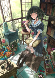 Rule 34 | 1girl, black hair, blunt bangs, book, bookshelf, boots, checkered floor, clock, cross-laced footwear, dress, unworn eyewear, flower, flower pot, frilled thighhighs, frills, full body, glasses, green eyes, holding, holding removed eyewear, kaoming, knee boots, lace-up boots, lamp, legs together, nib pen (object), original, pen, pitcher (container), plant, potted plant, short hair, sitting, smile, solo, thighhighs