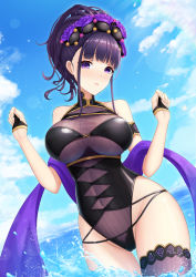 Rule 34 | 1girl, abeen jhong, absurdres, bare shoulders, black one-piece swimsuit, breasts, bridal gauntlets, cloud, fate/grand order, fate (series), flower, gloves, hair flower, hair ornament, hair up, half gloves, highleg, highleg swimsuit, highres, in water, large breasts, looking at viewer, murasaki shikibu (fate), murasaki shikibu (swimsuit rider) (fate), murasaki shikibu (swimsuit rider) (first ascension) (fate), one-piece swimsuit, open mouth, purple eyes, purple hair, sidelocks, sky, swimsuit, thighhighs, thighs, wading, water