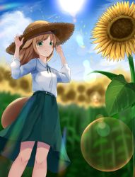 Rule 34 | 1girl, absurdres, akinakesu-chan, animal ears, arms up, blonde hair, blue sky, blurry, blurry background, blush, breasts, brown hat, closed mouth, cloud, collared shirt, commentary request, day, depth of field, dress shirt, field, flower, flower field, green eyes, green skirt, hands on headwear, hat, highres, long hair, long sleeves, looking at viewer, original, outdoors, shirt, skirt, sky, small breasts, smile, solo, standing, straw hat, sunflower, sunflower field, tail, white shirt, yellow flower