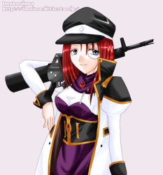 Rule 34 | 00s, 1girl, blue eyes, forte stollen, galaxy angel, gun, looking at viewer, lowres, monocle, red hair, simple background, solo, watermark, weapon, web address