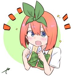 Rule 34 | 1girl, :d, blue eyes, blush, bow, breasts, clenched hands, collared shirt, eyebrows hidden by hair, go-toubun no hanayome, green background, green bow, green ribbon, hair between eyes, hair ribbon, hands up, kujou karasuma, medium breasts, nakano yotsuba, notice lines, open mouth, ribbon, shirt, short sleeves, signature, smile, solo, sparkle, sweater vest, two-tone background, white background, white shirt