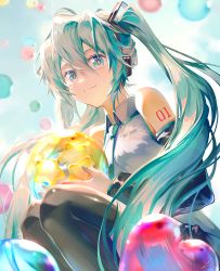 Rule 34 | 1girl, balloon, black skirt, black sleeves, black thighhighs, blue eyes, blue hair, blue necktie, blue sky, closed mouth, cloud, collared shirt, commentary request, day, detached sleeves, eyebrows hidden by hair, feet out of frame, hatsune miku, headphones, highres, holding, long hair, long sleeves, looking at viewer, necktie, outdoors, pleated skirt, saihate (d3), shirt, skirt, sky, sleeveless, sleeveless shirt, smile, solo, squatting, star (symbol), thighhighs, twintails, very long hair, vocaloid, white shirt, wide sleeves