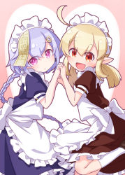 Rule 34 | 2girls, :d, :o, absurdres, ahoge, alternate costume, apron, blonde hair, braid, brown dress, brown footwear, commentary request, dress, enmaided, frilled apron, frilled dress, frills, genshin impact, hair between eyes, hair ornament, hands up, harada (sansei rain), heart, highres, holding hands, klee (genshin impact), long hair, low twintails, maid, maid apron, maid headdress, multiple girls, ofuda, open mouth, parted lips, pointy ears, puffy short sleeves, puffy sleeves, purple dress, purple eyes, purple hair, qiqi (genshin impact), red eyes, shoes, short sleeves, single braid, smile, socks, standing, standing on one leg, twintails, very long hair, white apron, white legwear, yuri