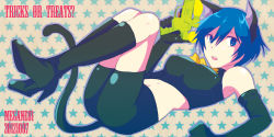 Rule 34 | 10s, 1girl, 2012, animal ears, armpits, atlus, bare shoulders, bike shorts, blue eyes, blue hair, boots, breasts, cat ears, cat girl, cat tail, dated, elbow gloves, english text, female focus, gloves, halloween, high heel boots, high heels, kemonomimi mode, knee boots, large breasts, lying, matching hair/eyes, megami tensei, on back, open mouth, persona, persona 4, persona 4 the golden, ribbon, shin megami tensei, shinocco, shirogane naoto, short hair, simple background, solo, star (symbol), tail, text focus, water gun