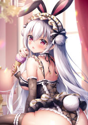 Rule 34 | 1girl, animal ears, bare shoulders, black leotard, blurry, blurry background, breasts, brown thighhighs, commentary request, curtains, depth of field, double bun, double scoop, fang, food, frilled leotard, frills, grey hair, hair between eyes, hair bun, holding, holding food, ice cream, ice cream cone, indoors, large breasts, leotard, long hair, looking at viewer, looking back, mitsuba choco, original, parted lips, rabbit ears, rabbit tail, red eyes, sitting, skindentation, solo, sunlight, tail, thighhighs, very long hair, window