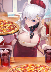 Rule 34 | 1girl, amano hagoromo, apron, azur lane, belfast (azur lane), belfast (piping-hot perfection) (azur lane), blurry, blurry background, braid, breasts, broken, broken chain, chain, cleavage, closed mouth, coca-cola, collar, collarbone, commentary request, drink, food, french braid, glass, hair between eyes, hair ornament, hair scrunchie, hairclip, highres, holding, holding food, holding tray, ice, ice cube, indoors, jewelry, large breasts, long hair, low neckline, pizza, ponytail, purple eyes, red apron, scrunchie, shirt, smile, soda, solo, standing, strap slip, table, tray, upper body, waitress, white hair, white shirt