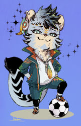 Rule 34 | 1boy, absurdres, animal ears, animal nose, ball, blue background, blue eyes, blue fur, chest tuft, chibi, closed mouth, collared jacket, colored sclera, commentary request, earrings, feather necklace, foot up, full body, furry, furry male, green jacket, grey sclera, hand in pocket, highres, ixbalanque (housamo), jacket, jaguar boy, jaguar ears, jaguar tail, jewelry, large tail, leggings under shorts, male focus, necklace, pantyhose, shirt, shoes, short hair, shorts, shubuka masamune, signature, smile, smug, snout, soccer ball, solo, sparkle, tail, tokyo houkago summoners, white shirt