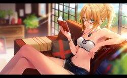 Rule 34 | 1girl, armpits, bandeau, belt, blonde hair, book, braid, breasts, cleavage, couch, crossed legs, denim, denim shorts, fate/apocrypha, fate (series), french braid, glasses, green eyes, hair between eyes, indoors, jewelry, letterboxed, looking at viewer, medium breasts, midriff, mordred (fate), mordred (fate/apocrypha), mordred (memories at trifas) (fate), navel, necomi, open mouth, pendant, pillow, plant, reading, red-framed eyewear, semi-rimless eyewear, short hair, short shorts, shorts, signature, sitting, sliding doors, solo, stomach, sunlight, thighs, under-rim eyewear, window