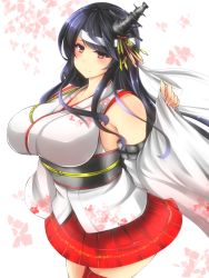 Rule 34 | 10s, 1girl, bare shoulders, black hair, blush, breasts, detached sleeves, en (paorasuteki), epaulettes, floral print, fusou (kancolle), fusou kai ni (kancolle), hair ornament, headband, headgear, highres, japanese clothes, kantai collection, large breasts, long hair, long sleeves, nontraditional miko, pleated skirt, red eyes, red skirt, skirt, smile, solo, wide sleeves