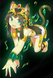 Rule 34 | 1girl, :d, all fours, animal ears, anklet, bad id, bad pixiv id, barefoot, bastet (p&amp;d), blush, bracer, brown hair, cat ears, cat tail, fang, green eyes, headdress, heart, highres, jewelry, long hair, lots of jewelry, mukoujima tenro, musical note, open mouth, puzzle &amp; dragons, skirt, smile, solo, tail