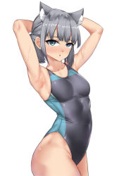 Rule 34 | 1girl, absurdres, animal ear fluff, animal ears, arms behind head, black one-piece swimsuit, blue archive, blue eyes, breasts, casperrin, competition swimsuit, covered navel, cross hair ornament, extra ears, grey hair, hair ornament, halo, highleg, highleg swimsuit, highres, low ponytail, medium breasts, medium hair, mismatched pupils, multicolored clothes, multicolored swimsuit, one-piece swimsuit, shiroko (blue archive), shiroko (swimsuit) (blue archive), simple background, solo, swimsuit, white background