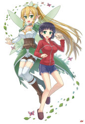 Rule 34 | 10s, 2girls, :d, black hair, blonde hair, blush, boots, braid, breasts, bug, butterfly, cleavage, dual persona, fairy wings, green eyes, gym shorts, hair between eyes, highres, insect, jacket, kirigaya suguha, large breasts, leaf, leafa, long hair, multiple girls, no socks, npcpepper, open mouth, pointy ears, ponytail, puffy sleeves, short hair, short shorts, shorts, simple background, slippers, smile, sword art online, thighhighs, thighs, track jacket, twin braids, white background, wings