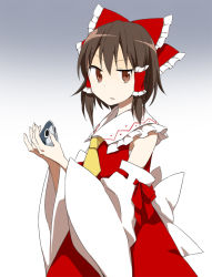Rule 34 | 1girl, ascot, bad id, bad pixiv id, bow, brown hair, detached sleeves, closed eyes, female focus, fish, hair bow, hair tubes, hakurei reimu, japanese clothes, miko, raised eyebrow, rin (royal), severed head, solo, touhou, uneven eyes