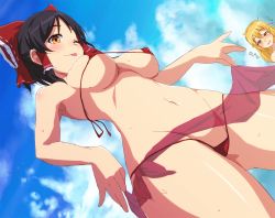 Rule 34 | 1boy, 1girl, ;p, bikini, black hair, blonde hair, blue sky, blush, bow, breasts, brown eyes, closed mouth, cloud, commentary request, cookie (touhou), covered erect nipples, cowboy shot, dutch angle, groin, hair bow, hakurei reimu, kirisame marisa, long hair, looking at viewer, medium breasts, micro bikini, namidame kamome, navel, one eye closed, open mouth, red bikini, red bow, rei (cookie), sananana (cookie), short hair, sky, solo focus, swimsuit, tongue, tongue out, touhou, yellow eyes