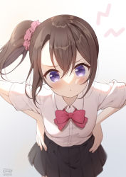 Rule 34 | 1girl, :t, absurdres, black skirt, bow, breasts, brown hair, closed mouth, collared shirt, commentary request, dated, dress shirt, extreme hearts, gradient background, grey background, hair ornament, hair scrunchie, hands on own hips, highres, kodaka saki, leaning forward, looking at viewer, neki (wakiko), pink scrunchie, pleated skirt, pout, purple eyes, red bow, scrunchie, shirt, short sleeves, side ponytail, signature, skirt, small breasts, solo, v-shaped eyebrows, white background, white shirt