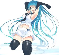 Rule 34 | 10s, 1girl, ;d, aqua eyes, armpits, arms up, black gloves, black thighhighs, blue hair, blush, breasts, elbow gloves, gloves, gluteal fold, kantai collection, large breasts, long hair, looking at viewer, nao (qqqbb), navel, neckerchief, one eye closed, open mouth, sailor collar, samidare (kancolle), school uniform, serafuku, shirt, sideboob, simple background, skirt, sleeveless, sleeveless shirt, smile, solo, thighhighs, very long hair, white background, white skirt, zettai ryouiki