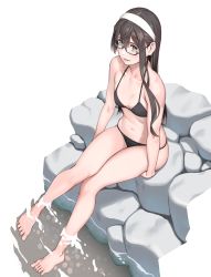 Rule 34 | 1girl, aqua eyes, bare arms, bare legs, bare shoulders, barefoot, bikini, black-framed eyewear, black bikini, black hair, blush, glasses, hair between eyes, hairband, highres, kantai collection, long hair, navel, ooyodo (kancolle), open mouth, rock, soaking feet, solo, swimsuit, thighs, water, white hairband, yuuji (and)
