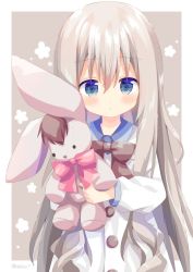 Rule 34 | 1girl, blue eyes, blue shirt, blush, bow, brown bow, closed mouth, collared shirt, commentary request, dress, floral background, grey background, grey hair, hair between eyes, highres, holding, holding stuffed toy, long hair, long sleeves, looking at viewer, nakkar, original, pink bow, puffy long sleeves, puffy sleeves, shirt, solo, stuffed animal, stuffed rabbit, stuffed toy, two-tone background, upper body, very long hair, white background, white dress