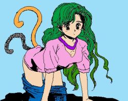 Rule 34 | 1girl, all fours, animal ears, artist request, blue background, blue pants, blush, breasts, cat ears, cat girl, cat tail, clothes pull, denim, green eyes, green hair, jeans, long hair, looking at viewer, lowres, medium breasts, multiple tails, pants, pants pull, pink shirt, shirt, short sleeves, tail