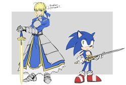Rule 34 | 1boy, 1girl, ahoge, animal ears, animal nose, artoria pendragon (fate), blonde hair, blue fur, braid, caliburn (sonic), crossover, fate/grand order, fate (series), french braid, furry, furry male, gloves, green eyes, hedgehog, hedgehog ears, hedgehog tail, highres, holding, holding sword, holding weapon, looking at another, medium hair, murkablyad, red footwear, shoes, sneakers, socks, sonic (series), sonic and the black knight, sonic the hedgehog, standing, sword, tail, weapon, white gloves, white socks