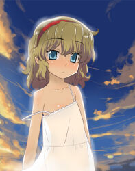 1girl blonde_hair blue_eyes blush cloud commentary_request dress expressionless flat_chest hairband looking_at_viewer medium_hair original outdoors see-through_clothes sky solo strap_slip twilight upper_body white_dress yaya_hinata