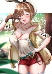 Rule 34 | 1girl, absurdres, akizuki momiji, atelier (series), atelier ryza, atelier ryza 1, belt, blush, breasts, brown eyes, brown gloves, brown hair, commentary, detached sleeves, gloves, hair ornament, hairclip, hand on own hip, hand up, highres, jewelry, large breasts, looking at viewer, necklace, one eye closed, open mouth, red shorts, reisalin stout, short hair, short shorts, shorts, single glove, smile, solo, star (symbol), star necklace, thighhighs, v over eye, white headwear, white thighhighs, zettai ryouiki
