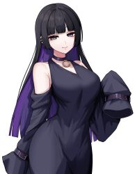 Rule 34 | 1girl, absurdres, bare shoulders, black choker, black dress, black hair, black sleeves, blunt bangs, blunt ends, bocchi the rock!, breasts, chin piercing, choker, closed mouth, clothing cutout, colored inner hair, commentary request, cowboy shot, detached sleeves, dress, ear piercing, goth fashion, grey eyes, highres, hime cut, kushinaka, large breasts, long hair, looking at viewer, medium bangs, multicolored hair, pa-san, piercing, purple hair, shoulder cutout, simple background, sleeves past fingers, sleeves past wrists, smile, solo, standing, very long hair, very long sleeves, white background