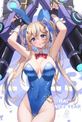 Rule 34 | 1girl, 2023, :o, animal ears, armpits, arms up, bare shoulders, black gloves, blonde hair, blue eyes, blue hair, blue leotard, bow, bowtie, breasts, chinese zodiac, cleavage, covered navel, cowboy shot, detached collar, fake animal ears, fingerless gloves, gloves, groin, hair ornament, hairclip, happy new year, highleg, highleg leotard, highres, huge weapon, large breasts, leotard, long hair, looking at viewer, morros, multicolored hair, new year, original, parted lips, playboy bunny, rabbit ears, solo, standing, strapless, strapless leotard, streaked hair, thigh gap, thighs, twintails, two-tone hair, weapon, wrist cuffs, year of the rabbit