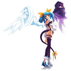 Rule 34 | 1girl, arc system works, ass, asymmetrical wings, bare shoulders, blue hair, boots, bow, choker, detached sleeves, dizzy (guilty gear), flat ass, guilty gear, hair bow, hair ribbon, high heels, long hair, looking back, necro (guilty gear), red eyes, reflection, ribbon, shadow, shoes, simple background, standing, tail, tail ornament, tail ribbon, thighhighs, undine (guilty gear), wings