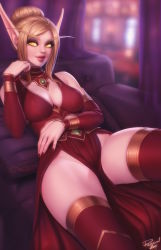 Rule 34 | 1girl, player character (wow), blonde hair, blood elf (warcraft), blurry, blurry background, body freckles, breasts, closed mouth, cocktail dress, colored sclera, commission, curtains, depth of field, detached sleeves, dress, fingernails, freckles, hair bun, hand up, highres, indoors, large breasts, lipstick, long eyebrows, long pointy ears, long sleeves, looking at viewer, makeup, nail polish, original, pelvic curtain, personal ami, pointy ears, reclining, red dress, red lips, red nails, red thighhighs, signature, single hair bun, sitting, smile, solo, thighhighs, warcraft, world of warcraft, yellow eyes, yellow sclera
