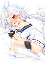 Rule 34 | 1girl, ahoge, ass, azur lane, bad id, bad pixiv id, bandaid, bandaid on face, bandaid on nose, bite mark, bite mark on arm, bite mark on shoulder, bite mark on thigh, blush, clothes writing, commentary request, cross, cross earrings, dog tags, downes (azur lane), earrings, fang, fingerless gloves, gloves, hair ornament, jewelry, long hair, lying, mole, mole under eye, nnyara, off shoulder, on bed, on side, open mouth, red eyes, shirt, single thighhigh, solo, tears, thigh strap, thighhighs, white hair
