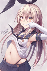 Rule 34 | 1girl, armpits, black panties, black ribbon, blue sailor collar, blue skirt, blush, breasts, brown eyes, clothes lift, commentary request, elbow gloves, finger in own mouth, gloves, grin, hair between eyes, hair ribbon, highleg, highleg panties, highres, kantai collection, light brown hair, long hair, looking at viewer, miniskirt, navel, panties, pleated skirt, ribbon, sailor collar, shimakaze (kancolle), shirt, shirt lift, skirt, sleeveless, sleeveless shirt, small breasts, smile, solo, tateishi kureha, twitter username, underboob, underwear, very long hair, white gloves, white shirt