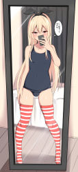 Rule 34 | 1boy, baretto (karasi07), blonde hair, bulge, cellphone, cosplay, covered navel, crossdressing, full-length mirror, highres, holding, holding phone, kantai collection, long hair, male focus, mirror, original, phone, red eyes, school swimsuit, shimakaze-kun, shimakaze (kancolle), shimakaze (kancolle) (cosplay), smartphone, striped clothes, striped legwear, striped thighhighs, swimsuit, thighhighs, thought bubble, translation request, trap