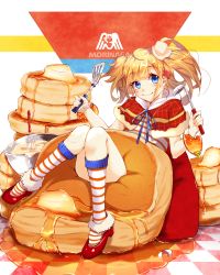 Rule 34 | 1girl, blonde hair, blue eyes, bottle, bowl, butter, food, food-themed clothes, food-themed hair ornament, full body, hair ornament, highres, honey, kneehighs, ladle, looking at viewer, morinaga &amp; company, morinaga (brand), original, pancake, personification, product placement, red footwear, shawl, shoes, short hair, sitting, skirt, smile, socks, solo, spatula, striped clothes, striped socks, suteki shuushuuiin chou, twintails, whisk