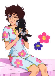 Rule 34 | 1girl, ace wo nerae!, bed, dog, female focus, glasses, highres, oka hiromi, pajamas, puppy, retro artstyle, short hair, solo, white background