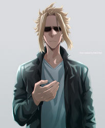 Rule 34 | 1boy, black jacket, blonde hair, boku no hero academia, closed mouth, collarbone, commentary, english commentary, facing viewer, grey background, grey shirt, highres, jacket, long sleeves, male focus, open clothes, open jacket, shirt, short hair, simple background, solo, trevo (trevoshere), twitter username, upper body, yagi toshinori