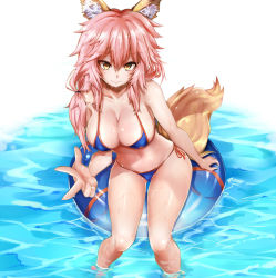 Rule 34 | 1girl, animal ears, bikini, blue bikini, breasts, collarbone, commentary request, fate/grand order, fate (series), fox ears, fox tail, ibukikun, large breasts, pink hair, side ponytail, strapless, swimsuit, tail, tamamo (fate), tamamo no mae (fate/extra), tamamo no mae (swimsuit lancer) (fate), tube top, water, white background, yellow eyes