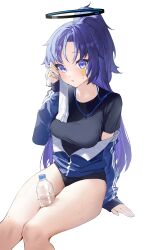 Rule 34 | 1girl, black buruma, black shirt, blue archive, blue eyes, blue hair, blue jacket, bottle, breasts, buruma, feet out of frame, halo, hand up, highres, ichibi, jacket, lanyard, large breasts, long hair, long sleeves, looking at viewer, parted bangs, parted lips, partially unzipped, ponytail, shirt, simple background, sitting, solo, sticker on face, sweat, thighs, towel, water bottle, white background, wiping sweat, yuuka (blue archive), yuuka (track) (blue archive)