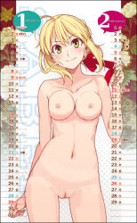 Rule 34 | 10s, 1girl, ahoge, blonde hair, breasts, breasts apart, calendar, character name, cleft of venus, clitoris, cowboy shot, fate/extra, fate (series), green eyes, hair ribbon, head tilt, huge ahoge, medium breasts, morii shizuki, navel, nero claudius (fate), nero claudius (fate) (all), nero claudius (fate/extra), nipples, nude, nude filter, pussy, ribbon, smile, solo, standing, third-party edit, uncensored, v-shaped eyebrows